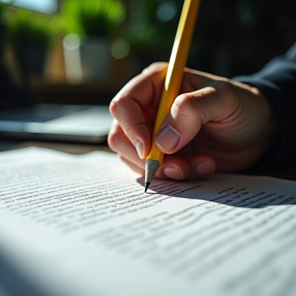 Detailní záběr na ruku upravující tištěný text tužkou a zvýrazňovačem