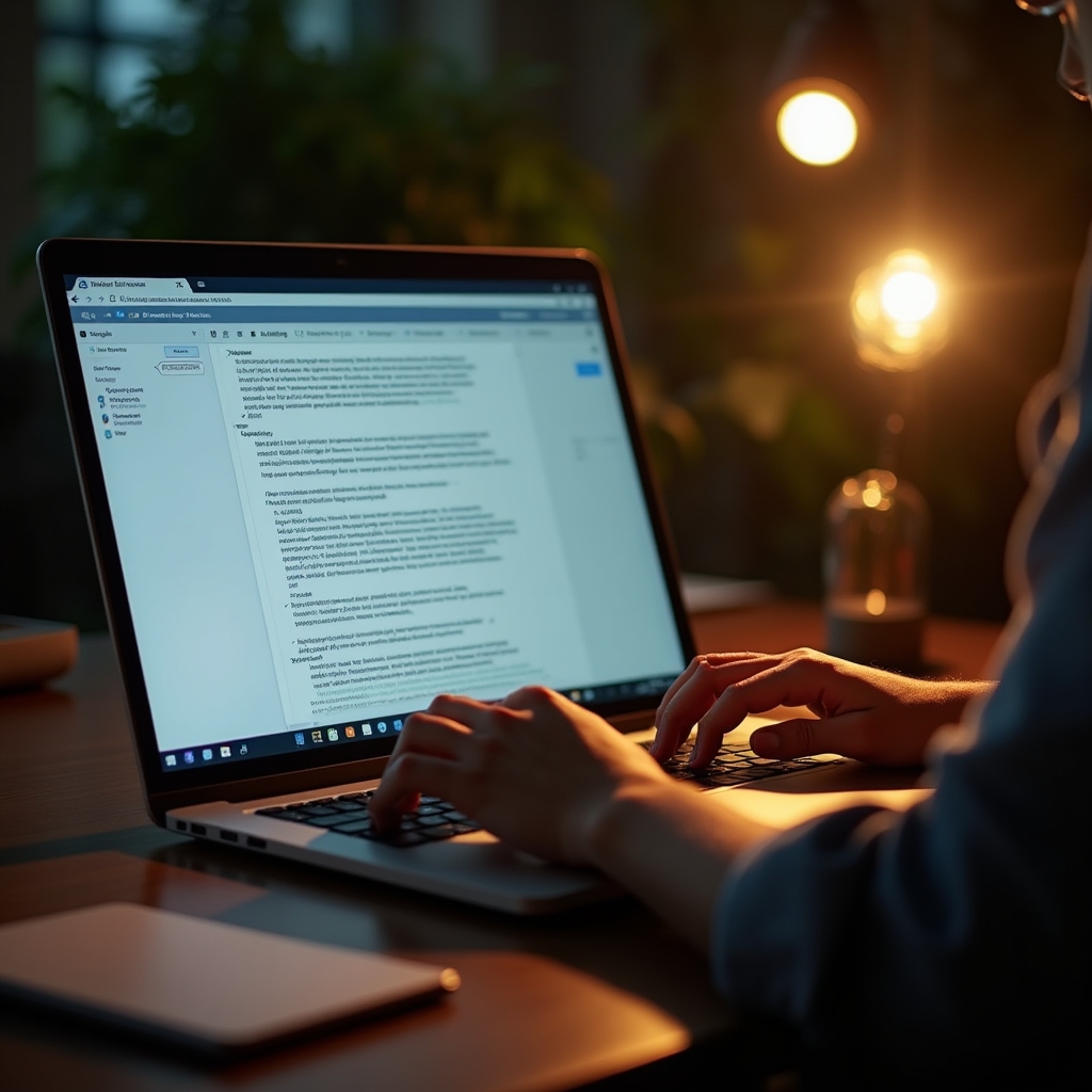 Rozepsaný pracovní e-mail na notebooku na dřevěném stole